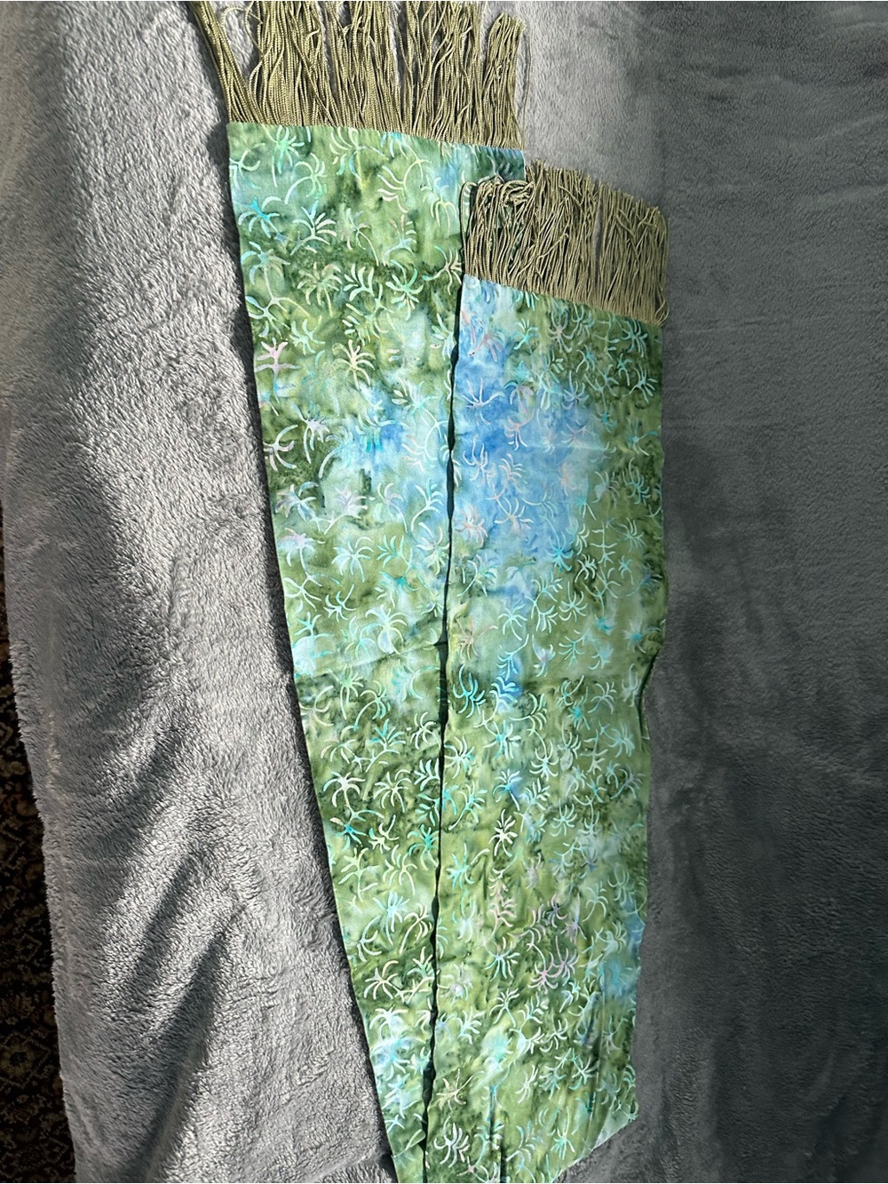 Green Printed Scarf with Fringe Trim